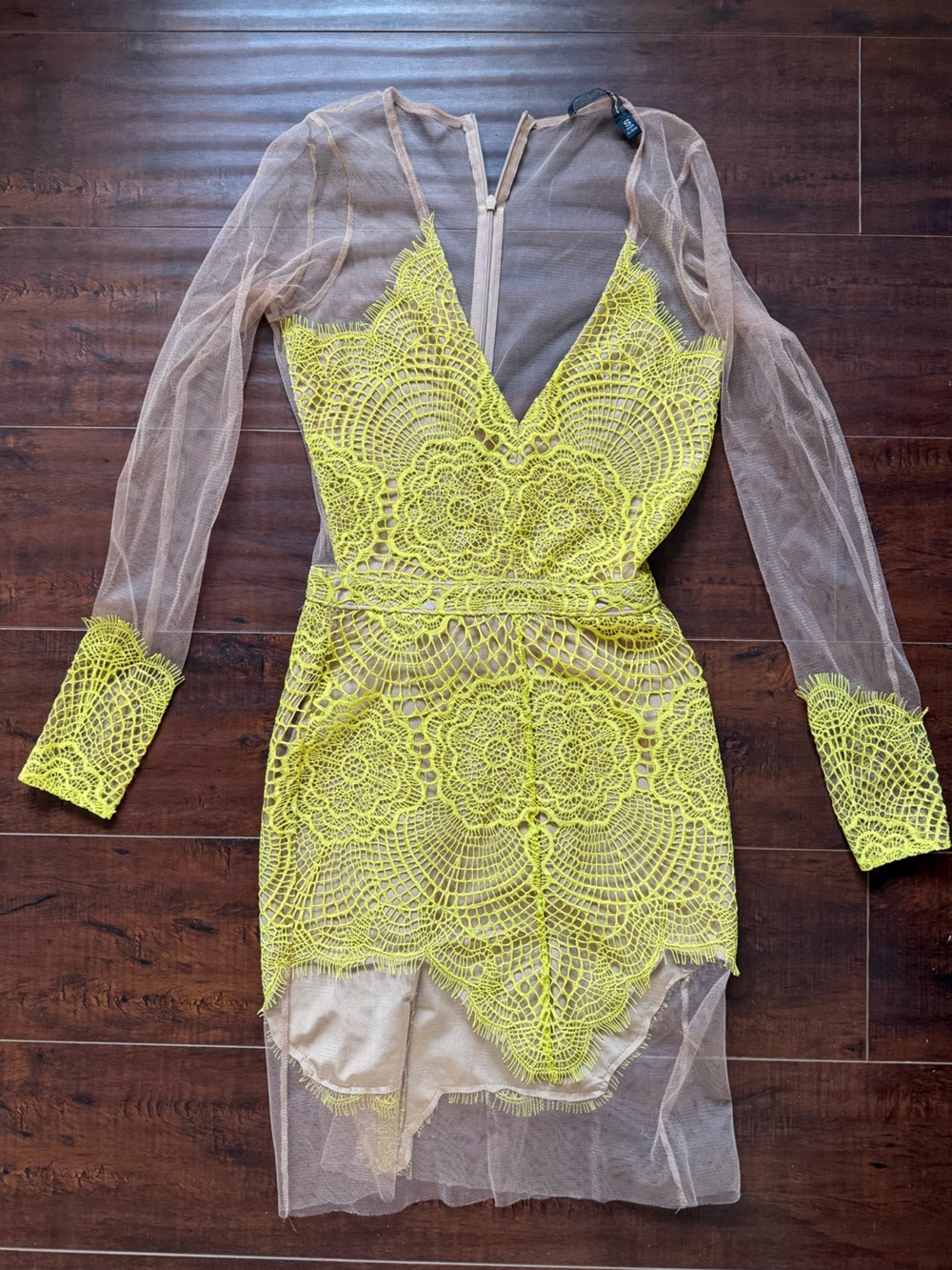 For Love And Lemons Neon Yellow Crochet Lace Long Sleeve Dress Top